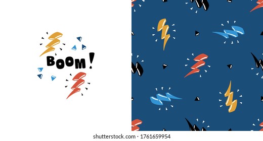 Boom. Colorful Lightning Bolt Signs with Triangles. T-shirt Print Design and Seamless Pattern for Kids Fashion. Vector Geometric Background with Doodle Thunderbolts. Poster and Wallpaper for Children