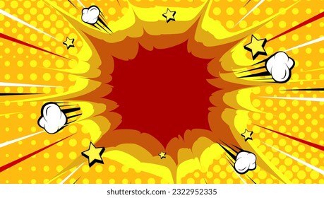 Boom comic background with cloud, stars, and dot halftone on yellow