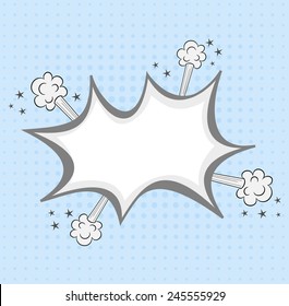 Boom. Comic book explosion balloon. Blank white empty speech bubble, burst cartoon text chat cloud, blast design with fume effect. vector art image illustration, isolated on blue halftone background