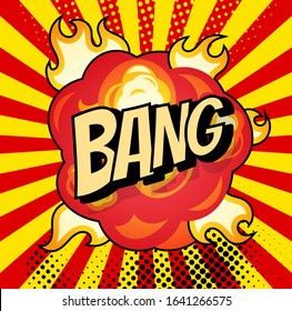 Boom. Comic book explosion bang on sunbeam striped background.