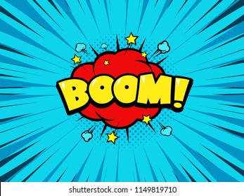 Boom comic book speech bubble vector illustration, loud explosion sound effect with radial speed background. Superhero. EPS 10