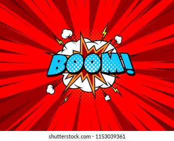 Boom comic book speech bubble, loud explosion sound effect. Superhero. Red radial speed background. EPS 10