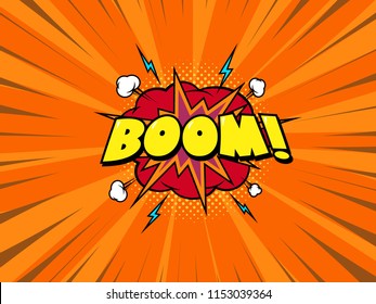 Boom comic book speech bubble, loud explosion sound effect. Superhero. Red radial speed background. Vintage style. EPS 10