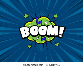 Boom comic book speech radiation bubble vector illustration, loud explosion sound effect with radial speed background. Superhero. EPS 10