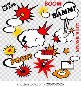 Boom comic bubbles snap humor fun template design for superhero book vector illustration