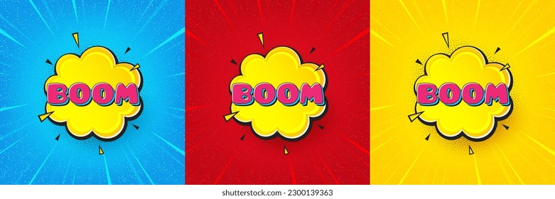 Boom comic cartoon bubble banner. Sunburst offer banner, flyer or poster. Discount sticker shape. Sale coupon icon. Boom bubble promo event banner. Starburst pop art coupon. Special deal. Vector