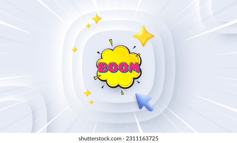 Boom comic cartoon bubble banner. Neumorphic offer 3d banner, poster. Discount sticker shape. Sale coupon icon. Boom bubble promo event background. Sunburst banner, flyer or coupon. Vector