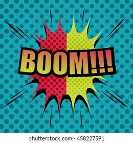 Boom comic cartoon. Pop-art style. Vector illustration with title, blot, sound effects and halftone background. Template for web and mobile applications