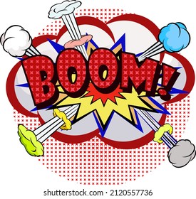 Boom comic explosion bubble in popart vintage style. Cartoon style vector. Vector cartoon bubble explosion with halftone pattern and shadow Wow effect.