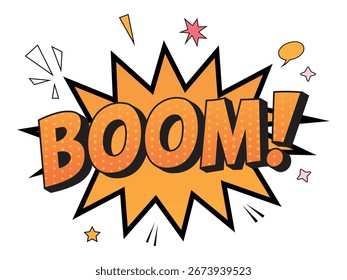 BOOM Comic Lettering Text Vektorgrafik mit Retro Pop Art Style, farbenfroher Sprechblase, Rasterpunkten, explosivem Burst und Cartoon-Effekt