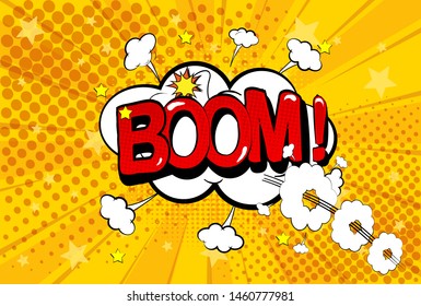 Boom Comic Speech Bubble. Yellow and red background. Lightning blast halftone dots. Cartoon vs. Vector Vector illustration