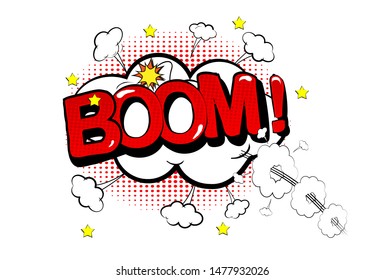 Boom Comic Speech Bubble. Yellow And Red Background. Lightning Blast Halftone Dots. Cartoon Vs. Vector Vector Illustration