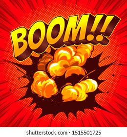 Boom Comic speech template on red background, line and bubble, halftone screen and pop art Vector illustration file.
