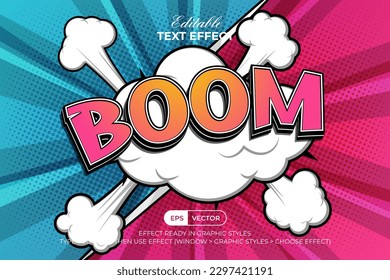 Boom comic text effect style. Editable text effect with halftone and cloud.