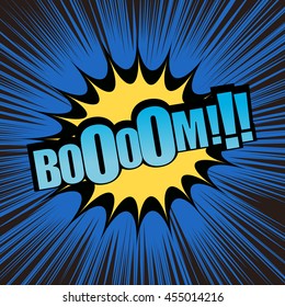 Boom comic text. Pop-art style. Vector illustration with yellow blot, blue background and black rays. Explosion cartoon. Template for web and mobile applications
