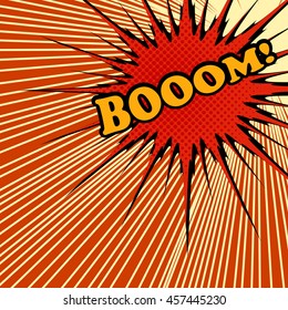 Boom comic text. Pop-art style. Vector illustration with red exploding star with halftone effect and rays. Explosion template