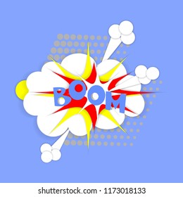 Boom comic text speech bubble with paper cut effect. Colorful explosion with 3d effect. Vector.