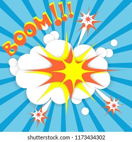 Boom comic text speech bubble with paper cut effect. Colorful explosion with 3d effect. Vector.