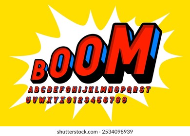 Boom. Design de fonte em estilo de quadrinhos, letras do alfabeto e ilustrações vetoriais de números