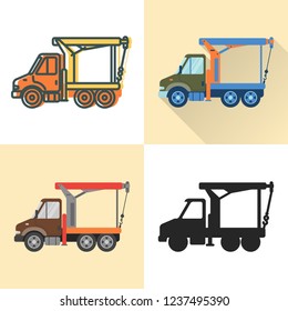 Boom crane truck icon set in flat and line styles
