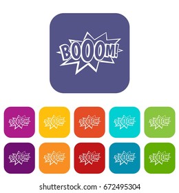 Boom, explosion bubble icons set vector illustration in flat style In colors red, blue, green and other