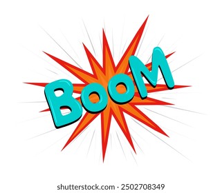 Boom with explosion. Comic bang and word boom in cartoon style isolated on white background. Explosion blast in bright color. Hand drawn graphic design element. Colored flat vector illustration