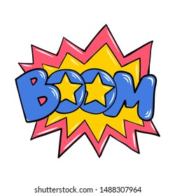 BOOM! explosion comics style superhero doodle lettering. Print design modern vector cartoon illustration for children kid. Fashion print design for t-shirt clothes tee coloring badge patch sticker pin
