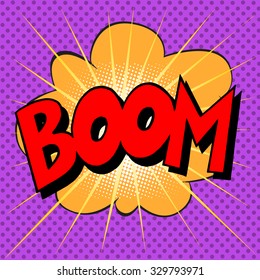 Boom explosion text description in the style of comics pop art retro