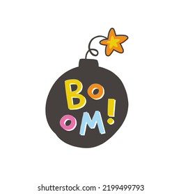 Boom. Funny Cartoon Illustration. Vector Quote. Comic Element For Sticker, Poster, Graphic Tee Print, Bullet Journal Cover, Card. 1990s, 1980s, 2000s Style. Bright Colors