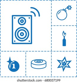 Boom icon. set of 6 boom filled and outline icons such as explosion, dynamite, music loudspeaker, bomb