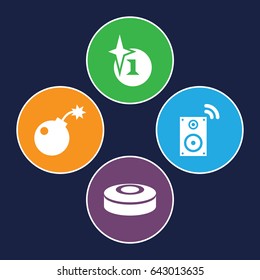 Boom icons set. set of 4 boom filled icons such as explosion, music loudspeaker, bomb