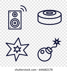 Boom icons set. set of 4 boom outline icons such as explosion, bomb, music loudspeaker