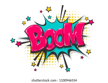 Boom isolated white comic text speech bubble. Colored pop art style sound effect. Halftone vector illustration banner. Vintage comics book poster. Colored funny cloud font.