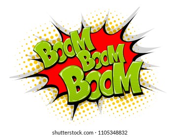 Boom isolated white comic text speech bubble. Colored pop art style sound effect. Halftone vector illustration banner. Vintage comics book poster. Colored funny cloud font.