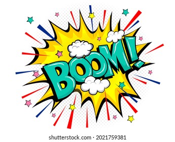 Boom aisló la burbuja del discurso de historietas blancas. Efecto de sonido de estilo de arte pop coloreado. Banner de ilustración vectorial de semitono. Afiche de un libro de historietas de época. Fuente divertida en la nube de color.ESP10