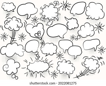 Boom aisló la burbuja del discurso de historietas blancas. Efecto de sonido de estilo de arte pop coloreado. Banner de ilustración vectorial de semitono. Afiche de un libro de historietas de época. Fuente divertida en la nube de color.ESP10