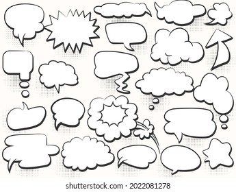Boom aisló la burbuja del discurso de historietas blancas. Efecto de sonido de estilo de arte pop coloreado. Banner de ilustración vectorial de semitono. Afiche de un libro de historietas de época. Fuente divertida en la nube de color.ESP10