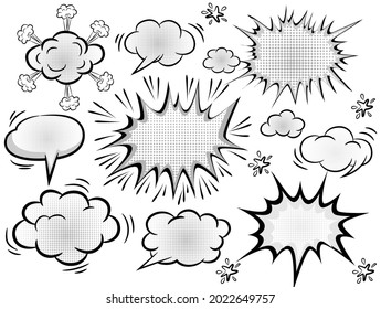 Boom isolated white comic text speech bubble. Colored pop art style sound effect. Halftone vector illustration banner. Vintage comics book poster. Colored funny cloud font.ESP10