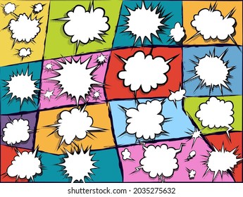 Boom aisló la burbuja del discurso de historietas blancas. Efecto de sonido de estilo de arte pop coloreado. Banner de ilustración vectorial de semitono. Afiche de un libro de historietas de época. Fuente divertida en la nube de color.ESP10