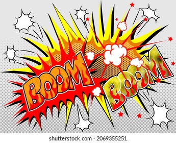 Boom isolated white comic text speech bubble. Colored pop art style sound effect. Halftone vector illustration banner. Vintage comics book poster. Colored funny cloud font.ESP10