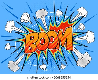 Boom isolated white comic text speech bubble. Colored pop art style sound effect. Halftone vector illustration banner. Vintage comics book poster. Colored funny cloud font.ESP10