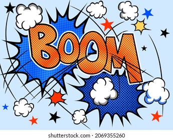 Boom aisló la burbuja del discurso de historietas blancas. Efecto de sonido de estilo de arte pop coloreado. Banner de ilustración vectorial de semitono. Afiche de un libro de historietas de época. Fuente divertida en la nube de color.ESP10