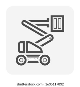 Boom lift or cherry picker vector icon. Aerial work platform or elevator. Consist of telescopic boom, bucket operated by hydraulic. For transport, maintenance, construction, service at height level.