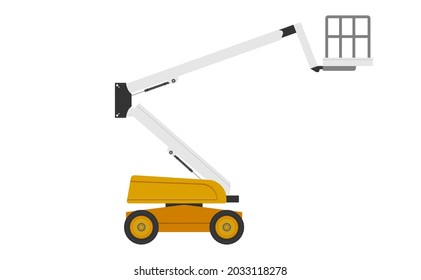 Boom lift or cherry picker vector icon. Aerial work platform or elevator. Consist of telescopic boom, bucket operated by hydraulic. For transport, maintenance, construction, service at height level.