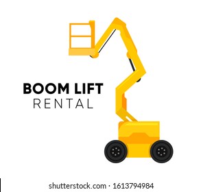 Boom Lift Logo Illustration On White Background. Vector Truck Lift Icon With Caption For Retail, Repair And Rental Company.