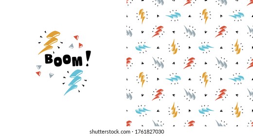 Boom. Lightning Bolt Signs with Triangles. T-shirt Print Design and Seamless Pattern for Kids Fashion. Geometric Vector Background with Doodle Thunderbolt. Poster and Wallpaper for Children