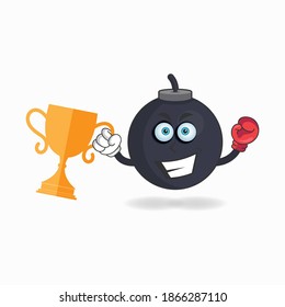 The Boom mascot character wins a boxing trophy. vector illustration