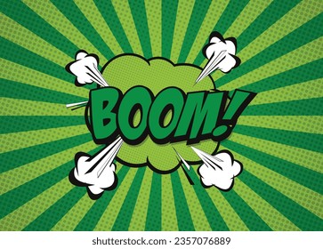 BOOM! Message word bubble in retro pop art style on blue background. Vector illustration.