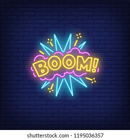 Boom neon sign. Glowing neon boom inscription on pink cloud with exclamation mark. Night bright advertisement. Vector illustration for night party and night club. 