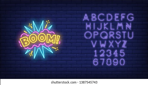 Boom neon sign. Glowing neon boom inscription on pink cloud with exclamation mark. Night bright advertisement. Vector illustration for night party and night club. 